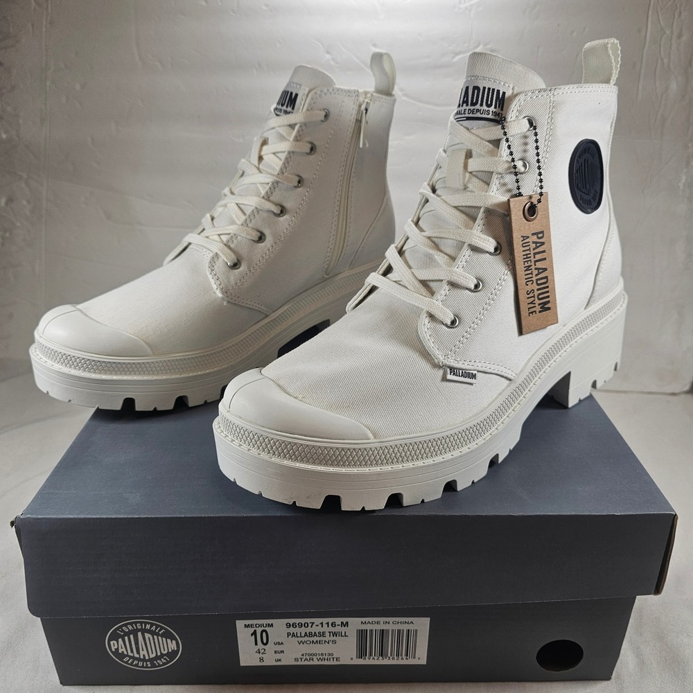 Palladium 10 Pallabase Twill Star White Canvas Chunky Boot NEW In Dmg Box